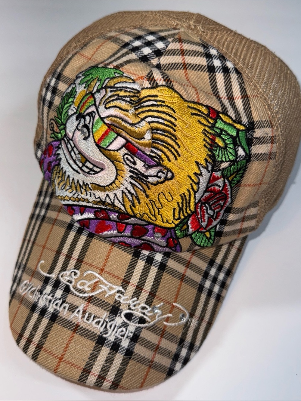 Ed Hardy Beige Plaid Cap with Multicolor Embroidered Lion